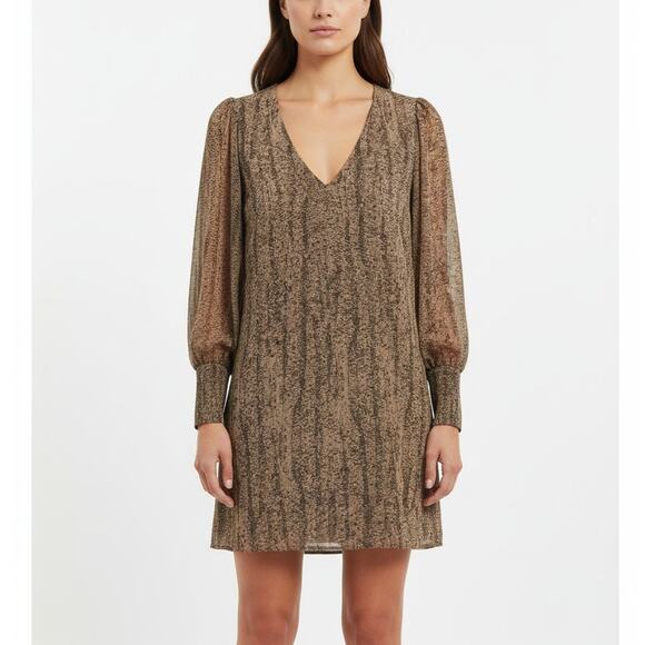 Rory Beca Dresses & Skirts - Rory Beca Silk Snakeskin Print Mini Shift Dress Small Cuff Blouson Sleeves Brown